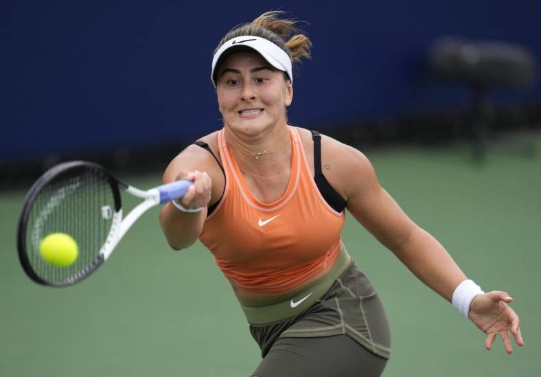 Oct 13, 2022; San Diego, California, US;  Bianca Andreescu of Canada hits the ball against Coco Gauff of the United States during the San Diego Open at Barnes Tennis Center. Mandatory Credit: Ray Acevedo-USA TODAY Sports