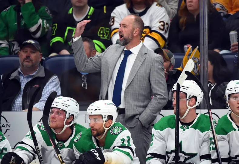 Oct 13, 2022; Nashville, Tennessee, USA; Dallas Stars head coach Peter DeBoer yells from the bench during the first period against the Nashville Predators at Bridgestone Arena. Mandatory Credit: Christopher Hanewinckel-USA TODAY Sports