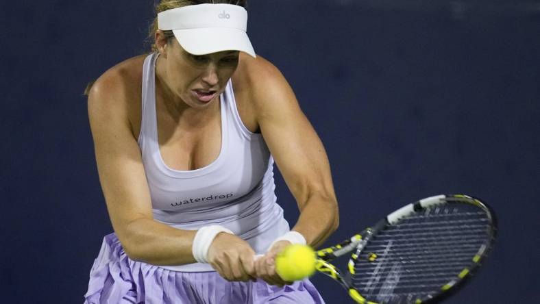 Oct 15, 2022; San Diego, California, US;  Danielle Collins of the United States hits a shot against Donna Vekic of Croatia during the San Diego Open at Barnes Tennis Center. Mandatory Credit: Ray Acevedo-USA TODAY Sports