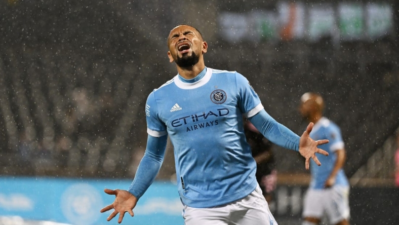 Oct 17, 2022; Queens, New York, USA;  New York City FC defender Alexander Callens (6) reacts during play of a MLS Eastern Conference quarterfinal match against Inter Miami CF at Citi Field. Mandatory Credit: Mark Smith-USA TODAY Sports