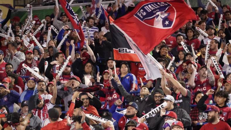 Oct 17, 2022; Frisco, Texas, US; FC Dallas fans before the game against the Minnesota United at Toyota Stadium. Mandatory Credit: Chris Jones-USA TODAY Sports