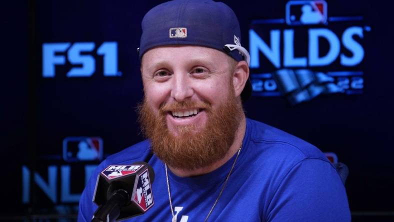 Oct 11, 2022; Los Angeles, California, USA; Los Angeles Dodgers third baseman Justin Turner (10) at a press conference before game one of the NLDS of the 2022 MLB Playoffs against the San Diego Padres at Dodger Stadium. Mandatory Credit: Kirby Lee-USA TODAY Sports