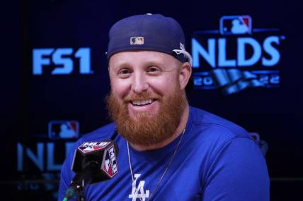 Oct 11, 2022; Los Angeles, California, USA; Los Angeles Dodgers third baseman Justin Turner (10) at a press conference before game one of the NLDS of the 2022 MLB Playoffs against the San Diego Padres at Dodger Stadium. Mandatory Credit: Kirby Lee-USA TODAY Sports