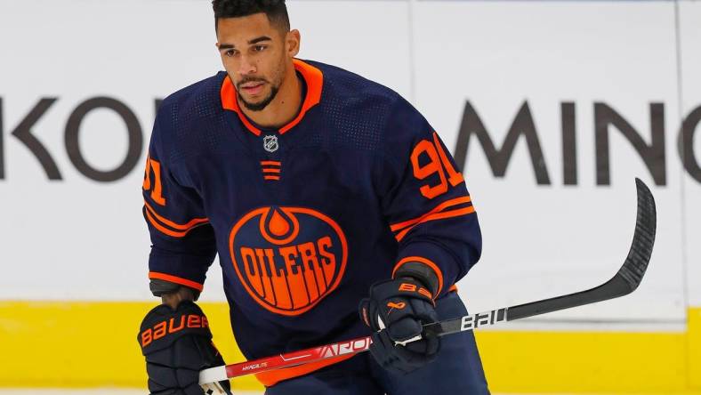 Oct 18, 2022; Edmonton, Alberta, CAN; Edmonton Oilers forward Evander Kane (91) skates against the Buffalo Sabres at Rogers Place. Mandatory Credit: Perry Nelson-USA TODAY Sports