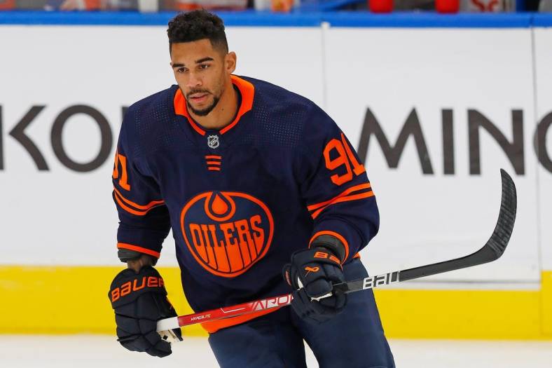 Oct 18, 2022; Edmonton, Alberta, CAN; Edmonton Oilers forward Evander Kane (91) skates against the Buffalo Sabres at Rogers Place. Mandatory Credit: Perry Nelson-USA TODAY Sports