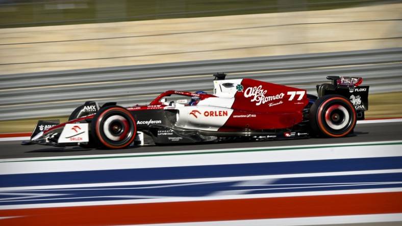 Oct 22, 2022; Austin, Texas, USA; Alfa Romeo F1 Team ORLEN driver Valtteri Bottas (77) of Team Finland drives during qualifying for the U.S. Grand Prix at Circuit of the Americas. Mandatory Credit: Jerome Miron-USA TODAY Sports