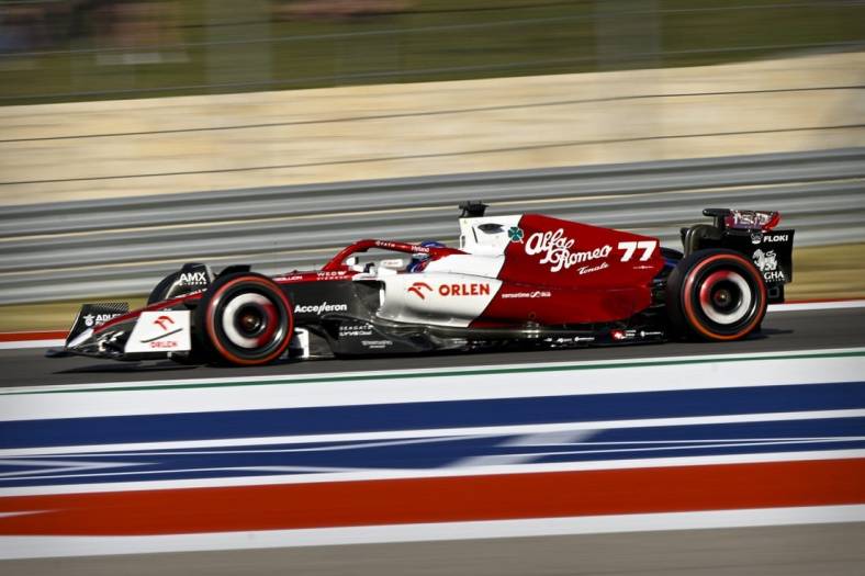 Oct 22, 2022; Austin, Texas, USA; Alfa Romeo F1 Team ORLEN driver Valtteri Bottas (77) of Team Finland drives during qualifying for the U.S. Grand Prix at Circuit of the Americas. Mandatory Credit: Jerome Miron-USA TODAY Sports