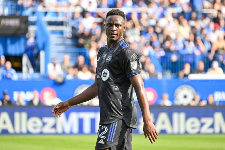 Oct 23, 2022; Montreal, Quebec, Canada; Look on CF Montreal midfielder Victor Wanyama (2) against New York City FC during the first half of the conference semifinals for the Audi 2022 MLS Cup Playoffs at Stade Saputo. Mandatory Credit: David Kirouac-USA TODAY Sports