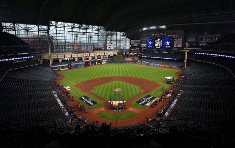 Oct 28, 2022; Houston, Texas, USA; A general view of Minute Maid Park before game one of the 2022 World Series between the Philadelphia Phillies and the Houston Astros. Mandatory Credit: Orlando Ramirez-USA TODAY Sports