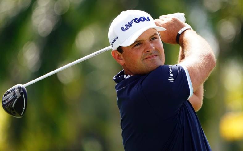 Oct 29, 2022; Miami, Florida, USA; Patrick Reed tees off the second hole during the second round of the season finale of the LIV Golf series at Trump National Doral. Mandatory Credit: John David Mercer-USA TODAY Sports