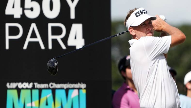 Oct 29, 2022; Miami, Florida, USA; Ian Poulter tees off on the 17th hole during the second round of the season finale of the LIV Golf series at Trump National Doral. Mandatory Credit: Jasen Vinlove-USA TODAY Sports