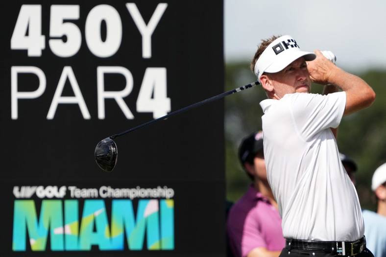 Oct 29, 2022; Miami, Florida, USA; Ian Poulter tees off on the 17th hole during the second round of the season finale of the LIV Golf series at Trump National Doral. Mandatory Credit: Jasen Vinlove-USA TODAY Sports
