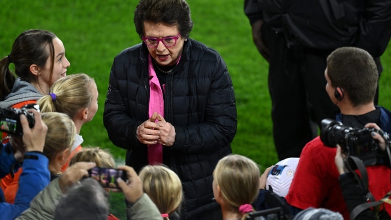 Oct 29, 2022; Washington, D.C., USA; Billie Jean King reacts with fans before the game between Kansas City Current and Portland Thorns FC at Audi Field. Mandatory Credit: Tommy Gilligan-USA TODAY Sports