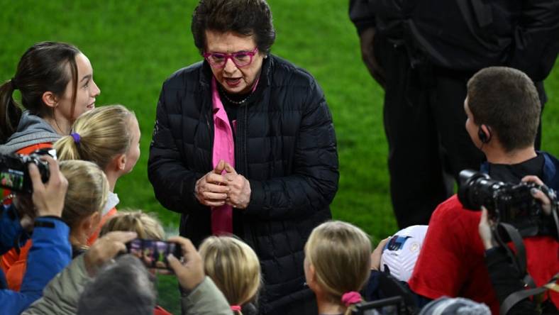 Oct 29, 2022; Washington, D.C., USA; Billie Jean King reacts with fans before the game between Kansas City Current and Portland Thorns FC at Audi Field. Mandatory Credit: Tommy Gilligan-USA TODAY Sports