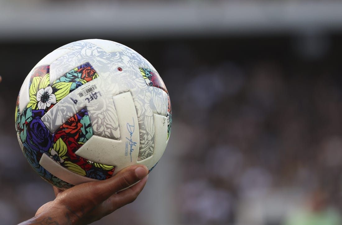 Oct 30, 2022; Los Angeles, California, USA; A detail view of the official game ball during the conference finals for the Audi 2022 MLS Cup Playoffs between the Los Angeles FC and the Austin FC at Banc of California Stadium. Mandatory Credit: Kiyoshi Mio-USA TODAY Sports