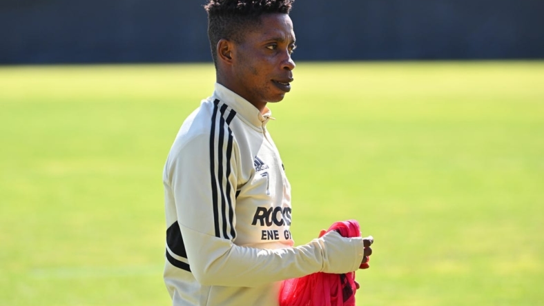 Nov 2, 2022; Los Angeles, California, US;  LAFC forward Latif Blessing (7) practices at the Nectar Performance Center.  Mandatory Credit: Jayne Kamin-Oncea-USA TODAY Sports