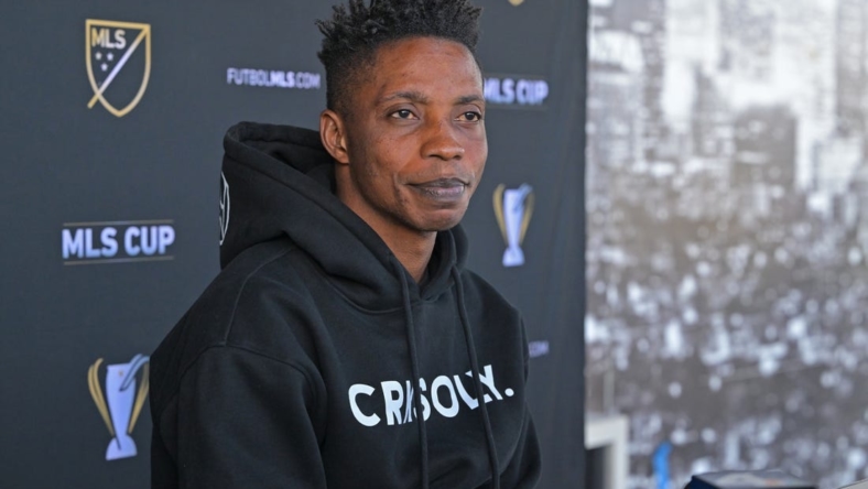 Nov 2, 2022; Los Angeles, California, US;  LAFC midfielder Latif Blessing (7) answers questions from the media at the Nectar Performance Center.  Mandatory Credit: Jayne Kamin-Oncea-USA TODAY Sports