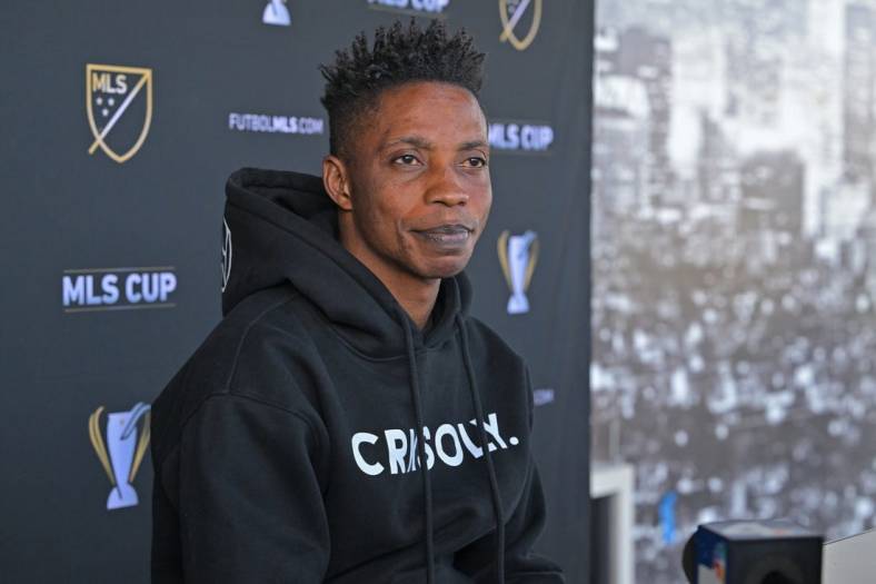 Nov 2, 2022; Los Angeles, California, US;  LAFC midfielder Latif Blessing (7) answers questions from the media at the Nectar Performance Center.  Mandatory Credit: Jayne Kamin-Oncea-USA TODAY Sports