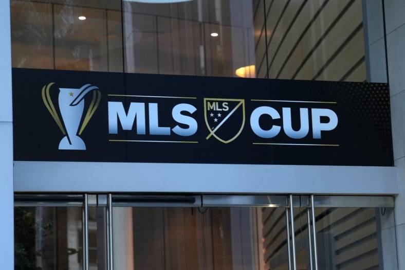 Nov 3, 2022; Los Angeles, California, USA; The MLS Cup logo at the InterContinental Los Angeles Downtown. Mandatory Credit: Kirby Lee-USA TODAY Sports