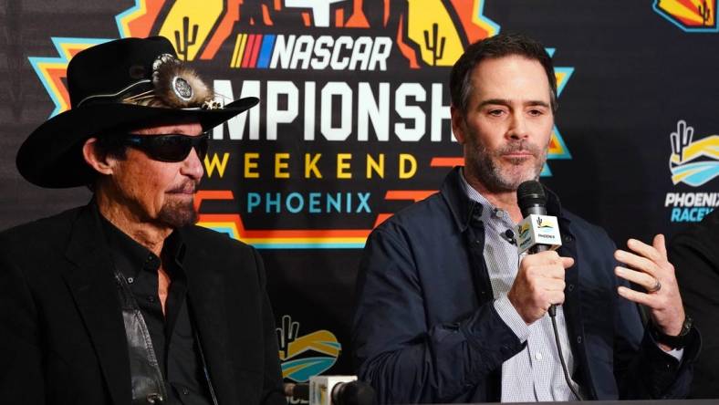 Nov 4, 2022; Avondale, Arizona, USA; Team owner Richard Petty in attendance with Jimmie Johnson as he talks with the media during a press conference at Phoenix Raceway. Jimmie Johnson finalized an ownership stake within the Petty GMS organization starting in 2023,  and Johnson will also drive in select races for the team starting at the Daytona 500. Mandatory Credit: John David Mercer-USA TODAY Sports