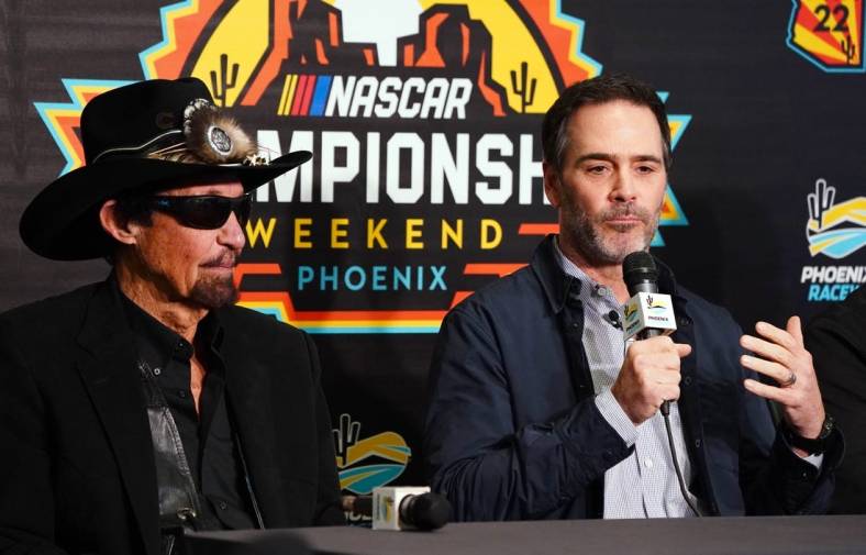 Nov 4, 2022; Avondale, Arizona, USA; Team owner Richard Petty in attendance with Jimmie Johnson as he talks with the media during a press conference at Phoenix Raceway. Jimmie Johnson finalized an ownership stake within the Petty GMS organization starting in 2023,  and Johnson will also drive in select races for the team starting at the Daytona 500. Mandatory Credit: John David Mercer-USA TODAY Sports