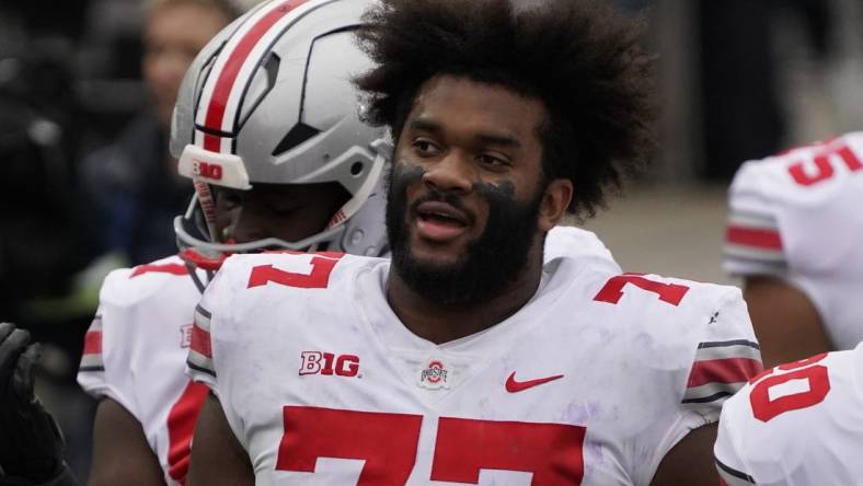 Nov 5, 2022; Evanston, Illinois, USA; Ohio State Buckeyes offensive lineman Paris Johnson Jr. (77) headshot after the game at Ryan Field. Mandatory Credit: David Banks-USA TODAY Sports