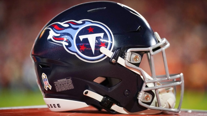 November 6, 2022. Kansas City, Missouri, USA. A full view of the Tennessee Titans' helmet during a pregame game against the Kansas City Chiefs on his GEHA field at Arrowhead Stadium. Required Credit: Denny Medley-USA TODAY Sports