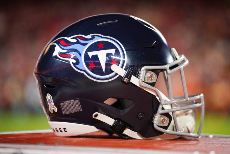 Nov 6, 2022; Kansas City, Missouri, USA; A general view of a Tennessee Titans helmet against the Kansas City Chiefs prior to the game at GEHA Field at Arrowhead Stadium. Mandatory Credit: Denny Medley-USA TODAY Sports