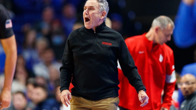 Nov 11, 2022; Lexington, Kentucky, USA; Duquesne Dukes head coach Keith Dambrot reacts during the first half against the Kentucky Wildcats at Rupp Arena at Central Bank Center. Mandatory Credit: Jordan Prather-USA TODAY Sports