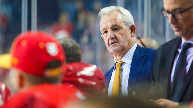 Nov 12, 2022; Calgary, Alberta, CAN; Calgary Flames head coach Darryl Sutter on his bench during the first period against the Winnipeg Jets at Scotiabank Saddledome. Mandatory Credit: Sergei Belski-USA TODAY Sports