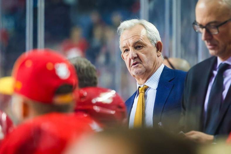 Nov 12, 2022; Calgary, Alberta, CAN; Calgary Flames head coach Darryl Sutter on his bench during the first period against the Winnipeg Jets at Scotiabank Saddledome. Mandatory Credit: Sergei Belski-USA TODAY Sports