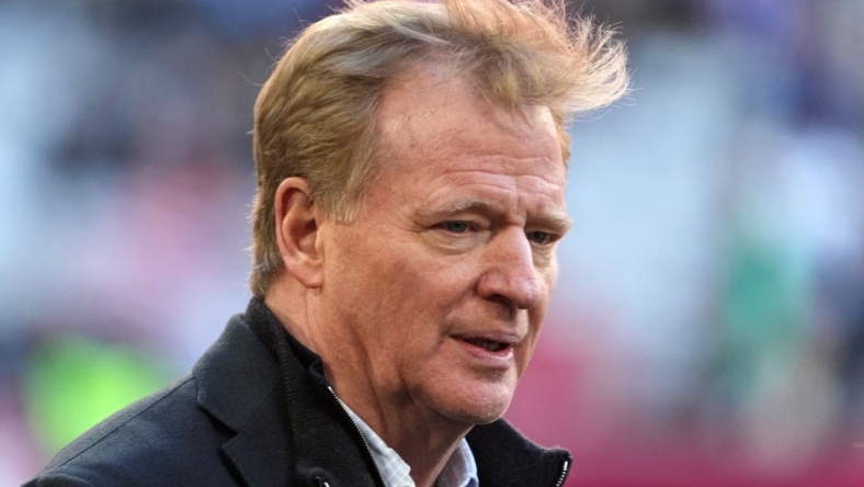Nov 13, 2022; Munich, Germany; NFL commissioner Roger Goodell attends an NFL International Series game between the Tampa Bay Buccaneers and the Seattle Seahawks at Allianz Arena. Mandatory Credit: Kirby Lee-USA TODAY Sports