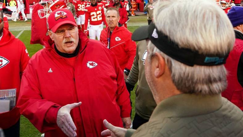 Nov 13, 2022; Kansas City, Missouri, USA; Kansas City Chiefs head coach Andy Reid shakes hands with Jacksonville Jaguars head coach Doug Pederson after a game at GEHA Field at Arrowhead Stadium. Mandatory Credit: Jay Biggerstaff-USA TODAY Sports