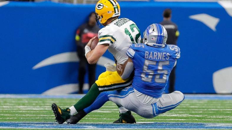 Lions linebacker Derrick Barnes (55) sacks Packers quarterback Aaron Rodgers during the first half of a 15-9 Detroit win at Ford Field, Nov. 6, 2022.

Nfl Green Bay Packers At Detroit Lions