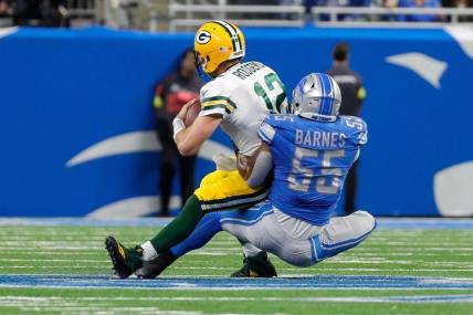 Lions linebacker Derrick Barnes (55) sacks Packers quarterback Aaron Rodgers during the first half of a 15-9 Detroit win at Ford Field, Nov. 6, 2022.

Nfl Green Bay Packers At Detroit Lions