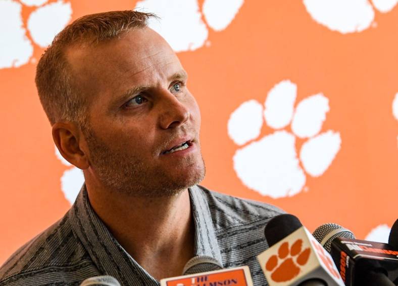 Clemson offensive coordinator Brandon Streeter talks with media during midweek interviews at the Poe Indoor Practice facility in Clemson, SC Monday, November 14, 2022.

2022 Clemson Football Coaches And Players Interviews