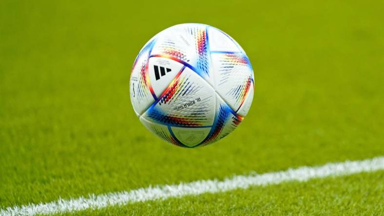 Nov 21, 2022; Al Rayyan, Qatar; A detail view of a soccer ball during the second half during a group stage match between Wales and the United States of America during the 2022 FIFA World Cup at Ahmed Bin Ali Stadium. Mandatory Credit: Danielle Parhizkaran-USA TODAY Sports