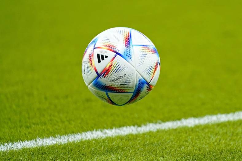Nov 21, 2022; Al Rayyan, Qatar; A detail view of a soccer ball during the second half during a group stage match between Wales and the United States of America during the 2022 FIFA World Cup at Ahmed Bin Ali Stadium. Mandatory Credit: Danielle Parhizkaran-USA TODAY Sports