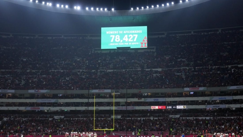 Nov 21, 2022; Mexico City, MEXICO; A stadium sign announces the game   s attendance during the fourth quarter between the Arizona Cardinals and the San Francisco 49ers at Estadio Azteca. Mandatory Credit: Kirby Lee-USA TODAY Sports