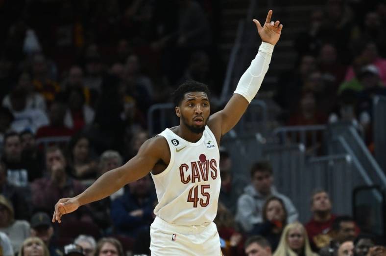 Nov 20, 2022; Cleveland, Ohio, USA; Cleveland Cavaliers guard Donovan Mitchell (45) celebrates during the second half against the Miami Heat at Rocket Mortgage FieldHouse. Mandatory Credit: Ken Blaze-USA TODAY Sports