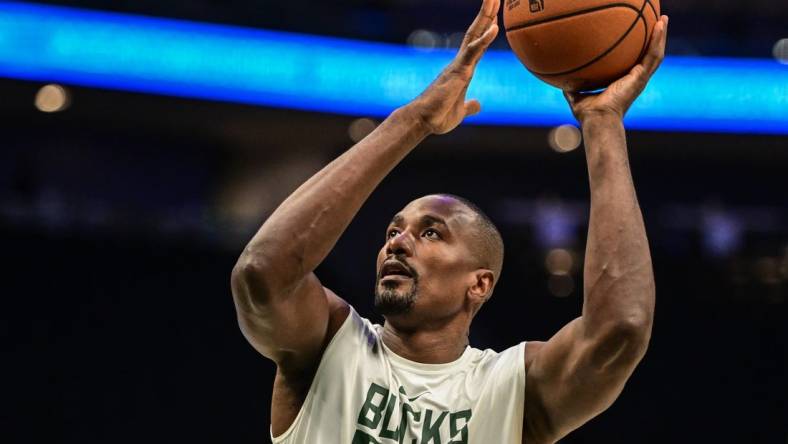 Nov 23, 2022; Milwaukee, Wisconsin, USA; Milwaukee Bucks center Serge Ibaka (25) warms up before a game against the Chicago Bulls at Fiserv Forum. Mandatory Credit: Benny Sieu-USA TODAY Sports