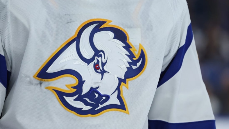 Nov 25, 2022; Buffalo, New York, USA;  A general view of the Buffalo Sabres logo on a jersey worn by Buffalo Sabres goaltender Craig Anderson (41) during the third period against the New Jersey Devils at KeyBank Center. Mandatory Credit: Timothy T. Ludwig-USA TODAY Sports