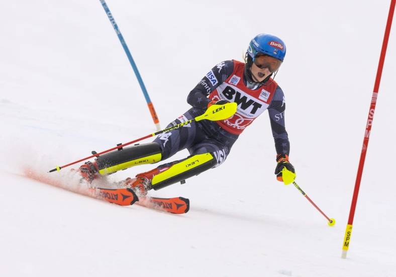 Nov 27, 2022; Killington, Vermont, USA; Mikaela Shiffrin of the United States during the first run of the slalom race in the FIS alpine skiing World Cup at Killington Resort. Mandatory Credit: Erich Schlegel-USA TODAY Sports