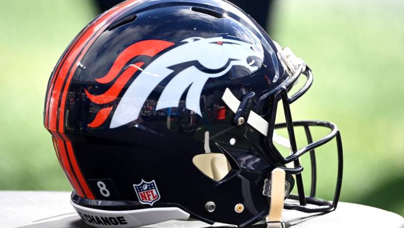 Nov 27, 2022; Charlotte, North Carolina, USA;  Denver Broncos helmet before the game at Bank of America Stadium. Mandatory Credit: Bob Donnan-USA TODAY Sports