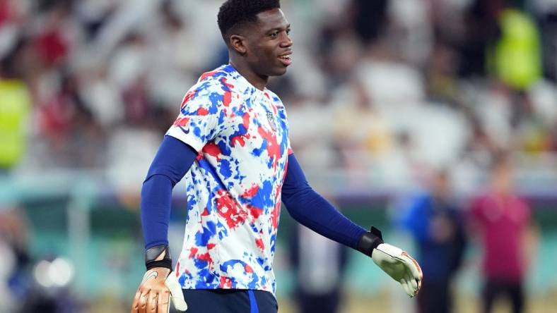 Nov 29, 2022; Doha, Qatar; United States goalkeeper Sean Johnson warms up ahead of a group stage match against Iran during the 2022 World Cup at Al Thumama Stadium. Mandatory Credit: Danielle Parhizkaran-USA TODAY Sports