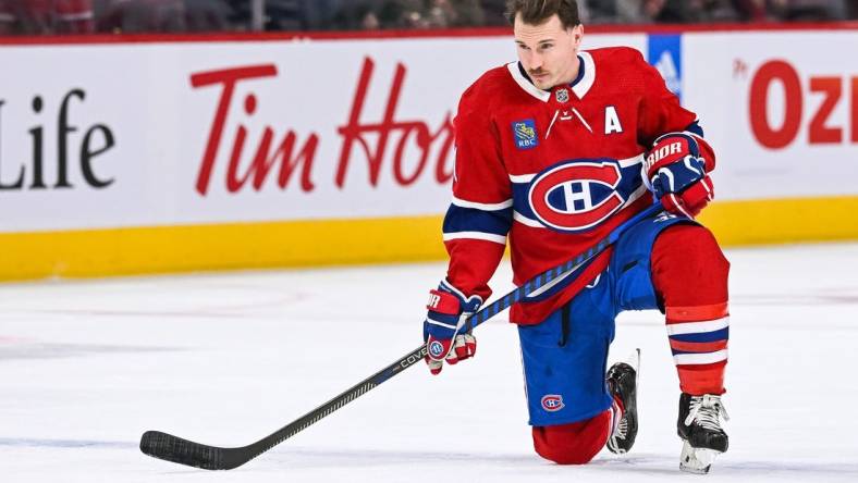 Nov 29, 2022; Montreal, Quebec, CAN; Montreal Canadiens right wing Brendan Gallagher (11) during warm-up before the game against the San Jose Sharks at Bell Centre. Mandatory Credit: David Kirouac-USA TODAY Sports