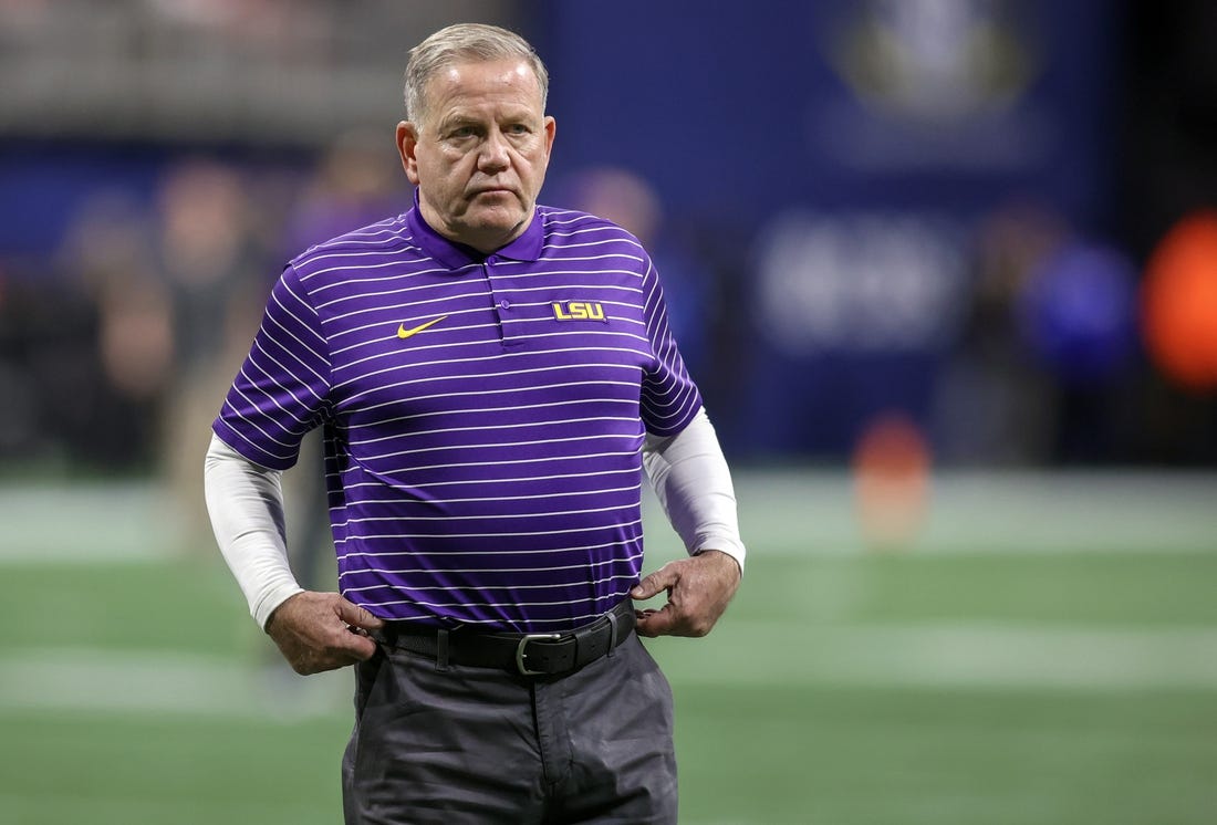 Dec 3, 2022; Atlanta, GA, USA; LSU Tigers head coach Brian Kelly prepares for the SEC Championship against the Georgia Bulldogs at Mercedes-Benz Stadium. Mandatory Credit: Brett Davis-USA TODAY Sports