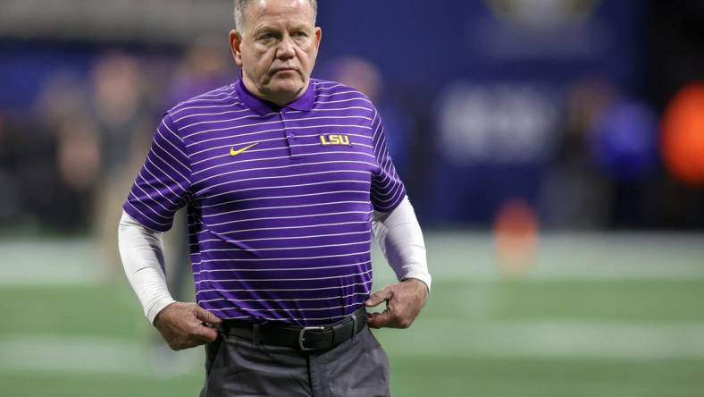 Dec 3, 2022; Atlanta, GA, USA; LSU Tigers head coach Brian Kelly prepares for the SEC Championship against the Georgia Bulldogs at Mercedes-Benz Stadium. Mandatory Credit: Brett Davis-USA TODAY Sports