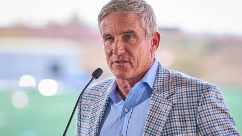 Dec 5, 2022; Scottsdale, AZ, USA; PGA Tour commissioner Jay Monahan addresses the crowd during the DraftKings Sportsbook groundbreaking ceremony at the TPC Scottsdale Champions Course on Monday, Dec. 5, 2022. Mandatory Credit: Alex Gould/The Republic

Pga Sportsbook Groundbreaking At Tpc Scottsdale