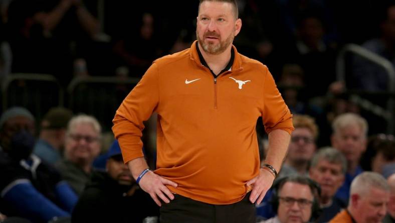 Dec 6, 2022; New York, New York, USA; Texas Longhorns head coach Chris Beard reacts as he coaches against the Illinois Fighting Illini during the second half at Madison Square Garden. Mandatory Credit: Brad Penner-USA TODAY Sports